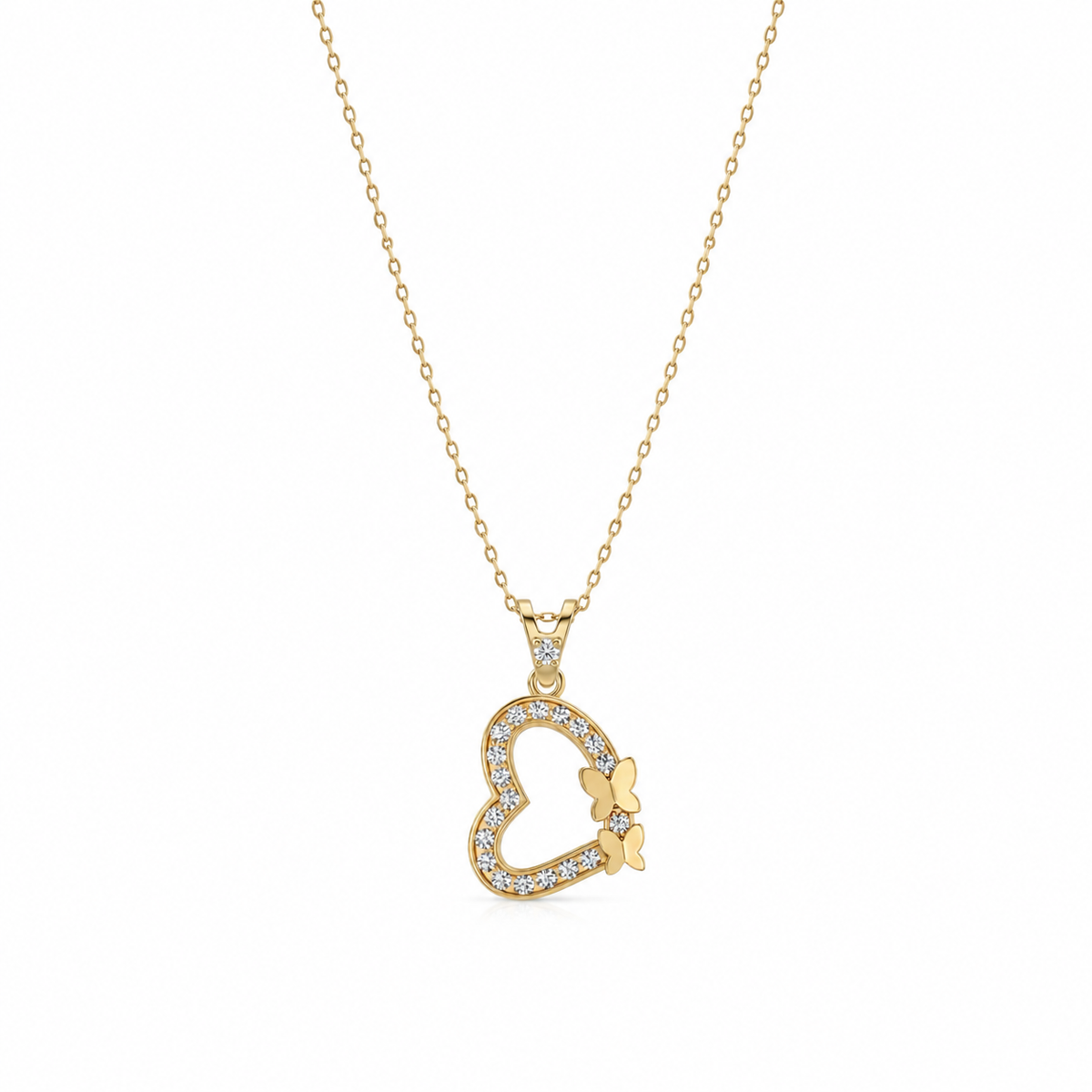 SORS Özel Tasarım Altın Twin Butterfly Heart Taşlı Kolye